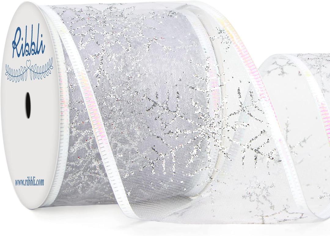 Ribbli Snowflake Glitter Wired Ribbon,White Organza Sheer with Silver Glitter Big Snowflake Pattern and Iridescent Edge,2-1/2 Inch x 10Yards Christmas Ribbon for Tree Decoration