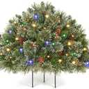 OasisCraft 18 Inch Outdoor Prelit Christmas Tree with Multi-Color Lights, Snow Flocked Artificial Holiday Planter Filler with Pinecones, Battery Powered for Porch, Urn & Garden Decor