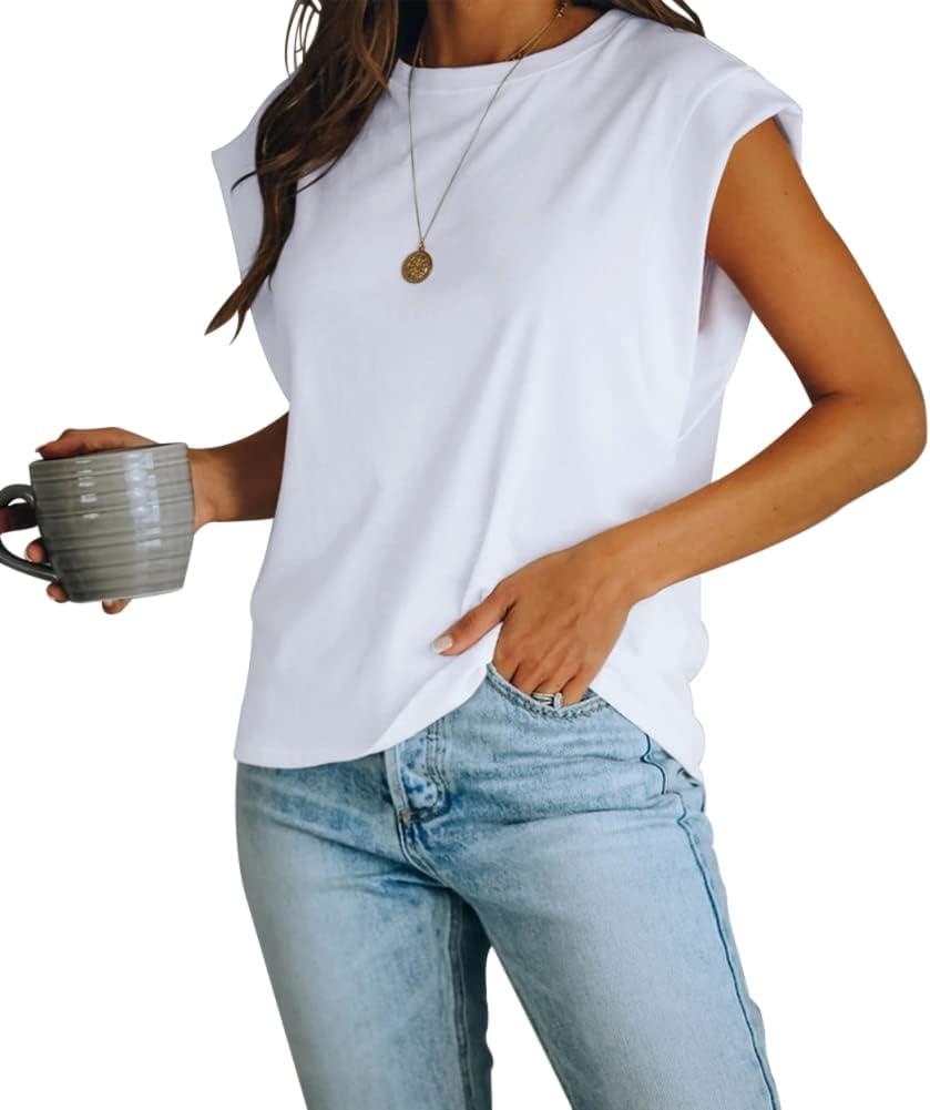 Women's Cap Sleeve Tank Top Crew Neck T Shirts Loose Fit Basic Summer Casual Tee Tops (Large)