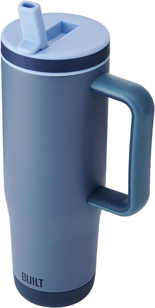 Built 40 oz Cascade Flip Straw Tumbler, Double Wall Insulated Tumbler, Gym & Sport Bottles - Stainless Steel & Straw Lid, Leak-Proof, Soft Base, Portable BPA-Free (Pacific Blue)