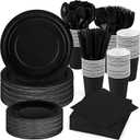 durony 350 Pieces Black Paper Dinnerware Set 7 Inch 9 Inch Disposable Dinner Plates Serve 50 Guests Paper Cup Cutlery Napkins Solid Color Party Supplies for Birthday Wedding Party Family Picnic (Black)