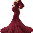 Saslax Long Chiffon Sleeve Tired Mermaid Maternity Dress for Photoshoot Photography Baby Shower (Medium, Burgundy)