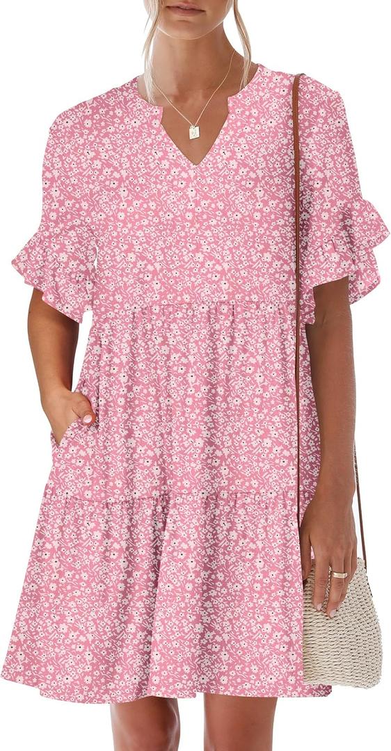 ANRABESS Women's Summer Casual Dress, V-Neck Ruffle Sleeve Tiered Mini Dress, Soft Comfy Fabric with Pockets for All-Day Wear (Pink, L)