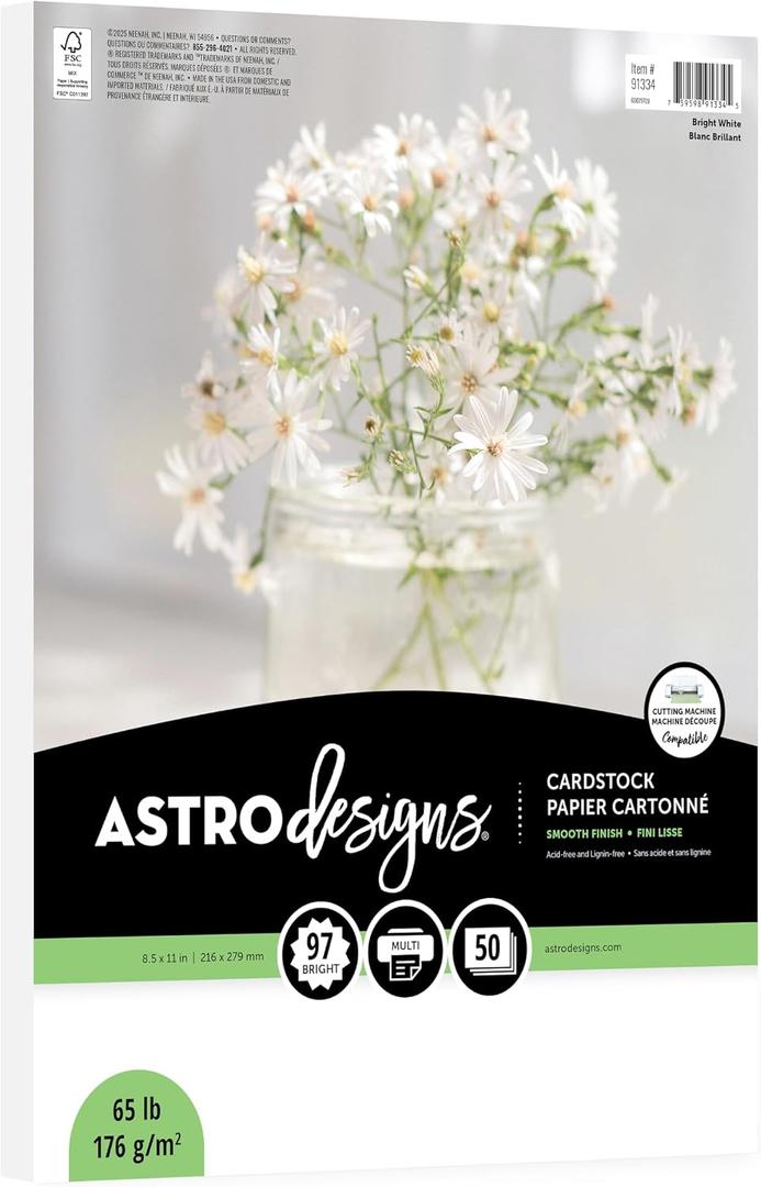 Astrodesigns Cardstock, Bright White, 97 Brightness, 8.5" x 11", 65 lb., Thick & Durable Paper, 50 Sheets, Perfect for DIY Projects, Card Making, Scrapbooking & Invitations (91334-01)