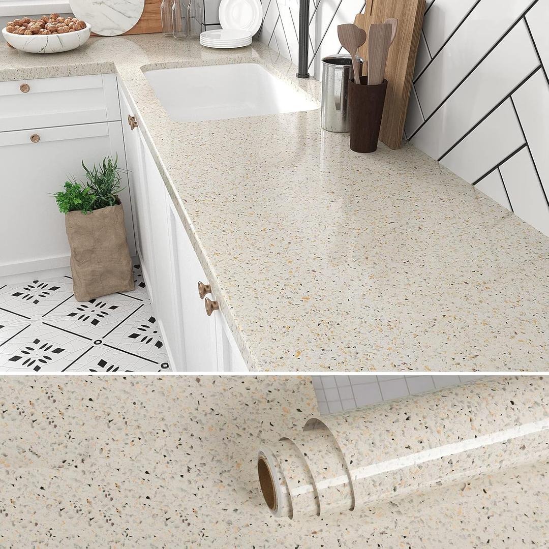 VEELIKE 354''x32'' Wide Cream Beige Granite Contact Paper for Countertops Waterproof Kitchen Countertop Peel and Stick Glossy Marble Wallpaper Peel and Stick Countertop Covers for Bathroom Table Desk