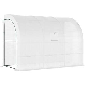 Outsunny 10' x 5' x 7' Lean to Greenhouse, Walk-in Green House, Plant Nursery with 2 Roll-up Doors and Windows, PE Cover and 3 Wire Shelves, White