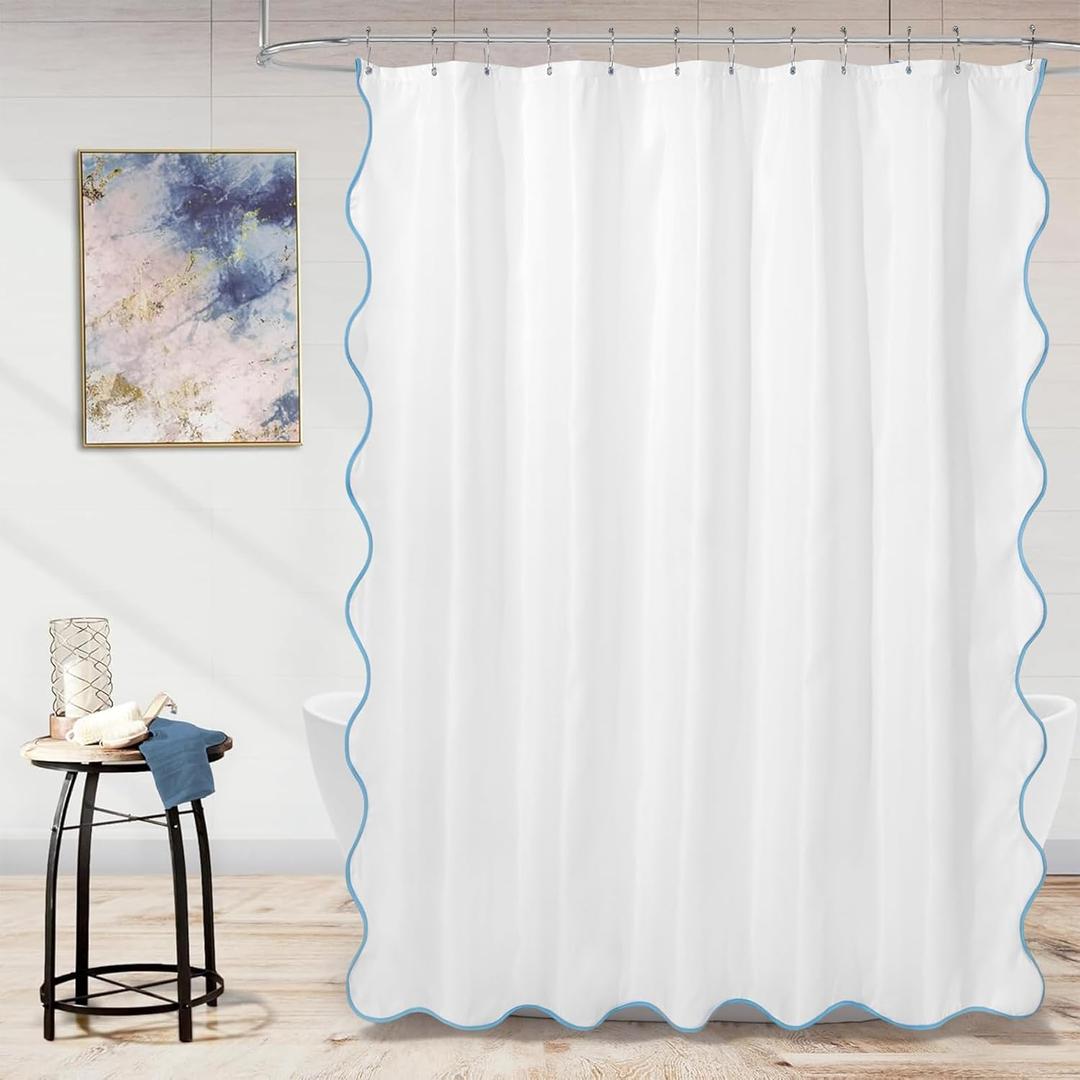 ORTIGIA White Blue Shower Curtain, Blue Scalloped Shower Curtain Coastal Pretty Aesthetic Waterproof Fabric Bath Bathroom Decor with Metal Hooks 72 W x 72 H Inch