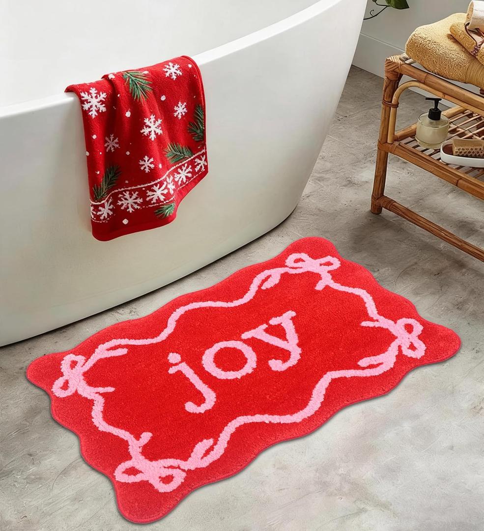 16x24 Inch Holiday Door Mat, Bath Rug, Non-Slip Xmas Bath Rug TPR Rubber Backed, Soft Long Pile Absorbent Bathroom Rug with "JOY", Festive Door Mat for Bathroom, Kitchen, Winter, New Year Decor