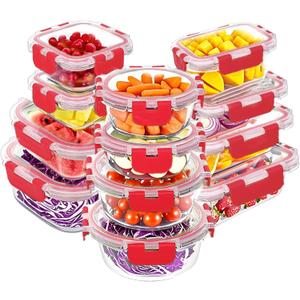 VERONES 12 Packs Glass Food Storage Containers Set, Airtight Glass Lunch Containers, Glass Meal Prep Containers with Lids, Exclusive of BPA, for Microwave, Oven, Freezer & Dishwasher Friendly, Red