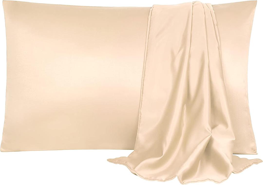 uxcell 2 Pack Silk Satin Pillowcase for Hair and Skin, Cool, Silky, Soft Breathable Pillow Cases King Size 20x36 Inch Sateen Pillowcase Light Tan with Envelope Closure