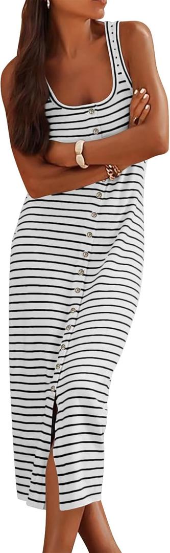 Women Casual Sleeveless Striped Tank Midi Dresses Spring U Neck Bodycon Dresses T Shirt Summer Dress Size M