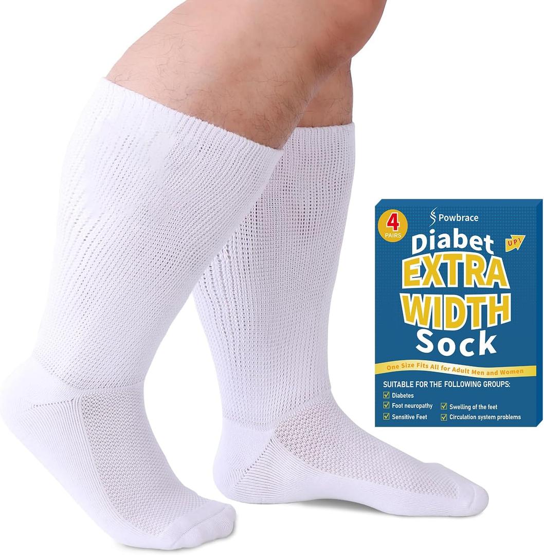 Powbrace 4 Pairs Wide Diabetic Socks for Men Women Plus Size,Lymphedema Socks,Socks for Swollen Feet and Ankles,Edema Socks,Loose Fit Socks,Non-Binding Socks,Bariatric Socks,Hospital Cast Socks-White