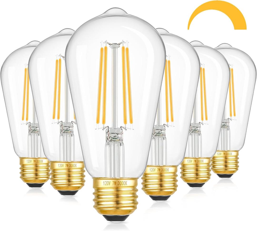 Kondras Dimmable LED Bulbs, 7W 850Lumens High Brightness, 60W Incandescent Equivalent Bulbs, 3000K Soft White, ST58 Antique Filament Light Bulbs, E26 Base, Clear Glass, Vintage Bulbs for Home, 6-Pack