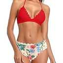 SHEKINI Women's Scalloped Triangle Bikini Floral Print Bottom Two Piece Swimsuit (Red, Small)