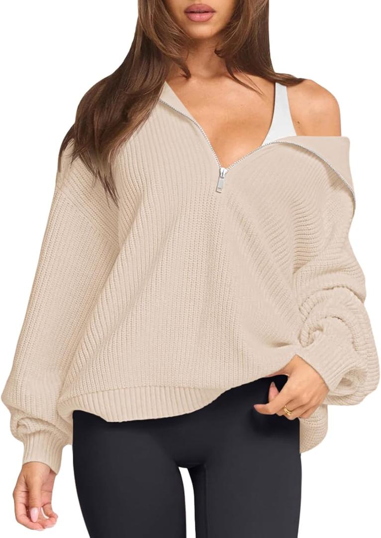 LASLULU Womens Half Zip Pullover Sweaters Oversized Long Sleeve Fall Winter Cozy Sweaters 2025 Trendy Clothes Outfits (Large, Butter Cream)