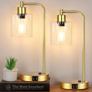 Industrial Touch Control Table Lamps Set of 2 - Gold Nightstand Bedside Lamps with 2 USB Ports & AC Outlet, 3-Way Dimmable Desk Lamp for Bedroom Living Room, Glass Shade & 2 LED Bulbs Included