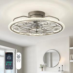 Low Profile Ceiling Fan with Lights 20" Ceiling Fan with Remote Bladeless Ceiling Fan Boho Vintage Flush Mount Ceiling Fan with Light 3 Color Smart LED Dimmable,Handmade Antique Vintage Silver