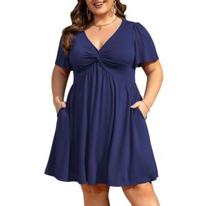 Manllenshie Women's Plus Size Summer Dress Casual Short Sleeves Deep V Neck Twist Knot Front Flowy Dress with Pockets (XX-Large)
