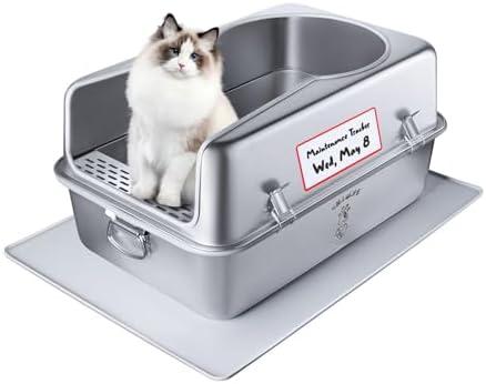 Sollulife XL Metal Cat Litter Box with Lid – NonStick, Odor Control, Stainless Steel, RustResistant, HighSided – Easy to Clean with Handles, NoSlip Base, LeakProof Seal, 5 Clips, Cleaning Tracker