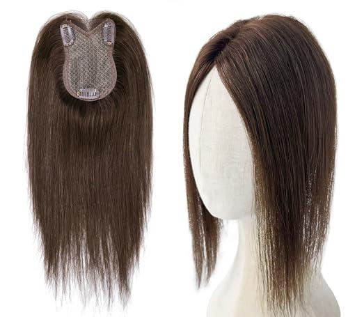 8x11cm Breathable Hair Topper, 12 inches 35g 120% Density Real Human Hair, 3 Non-Slip BB Clips, Wearable on Left, Right & Middle Part, Versatile Styling for Hair Loss & Volume Boost (Brown)