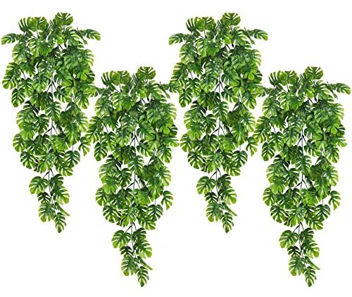 RECUTMS Artificial Hanging Plants 4Pcs, Fake Monstera Leaves Ivy Vine Faux Greenery UV Resistant Tropical Palm Leaf Swag Plant for Garden Home Jungle Hawaiian Luau Party Outdoor Indoor Spring Décor
