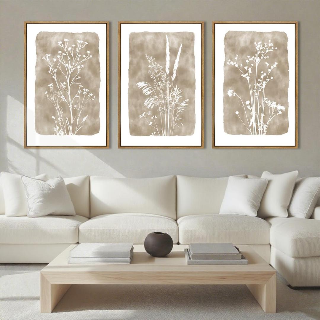 ANHUIB Extra Large Beige Floral Wall Art 24x36 Inch Neutral Floral Wall Decor Vintage Flower Artwork for Living Room Bedroom Office Set of 3