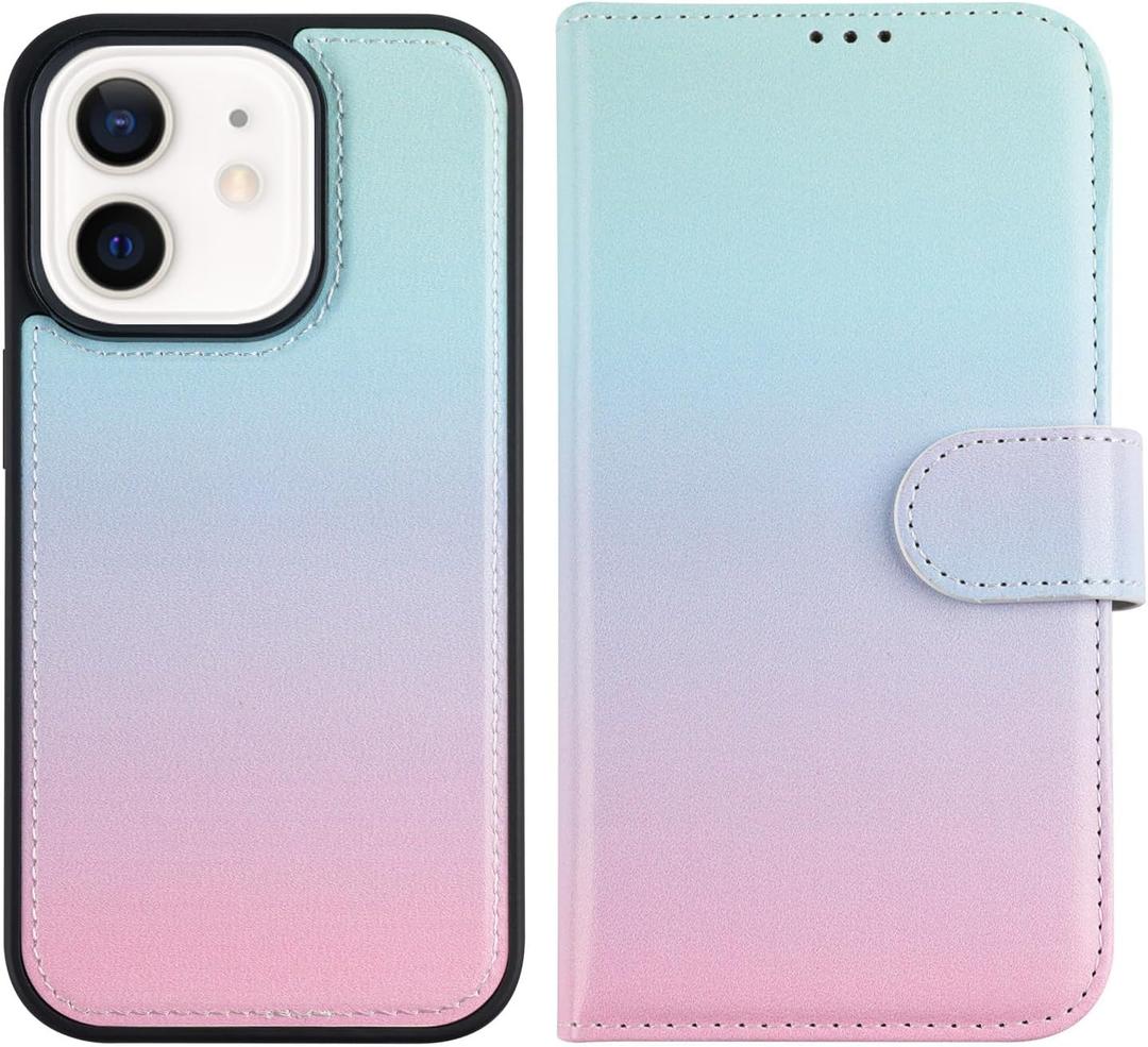 LUMARKE Designed for iPhone 11 Wallet Case - Detachable Flip Folio Cover - RFID Blocking 4 Card Slots Holder - Premium PU Leather Magnetic Kickstand - Protective Phone Case 6.1", Gradual Pink Blue