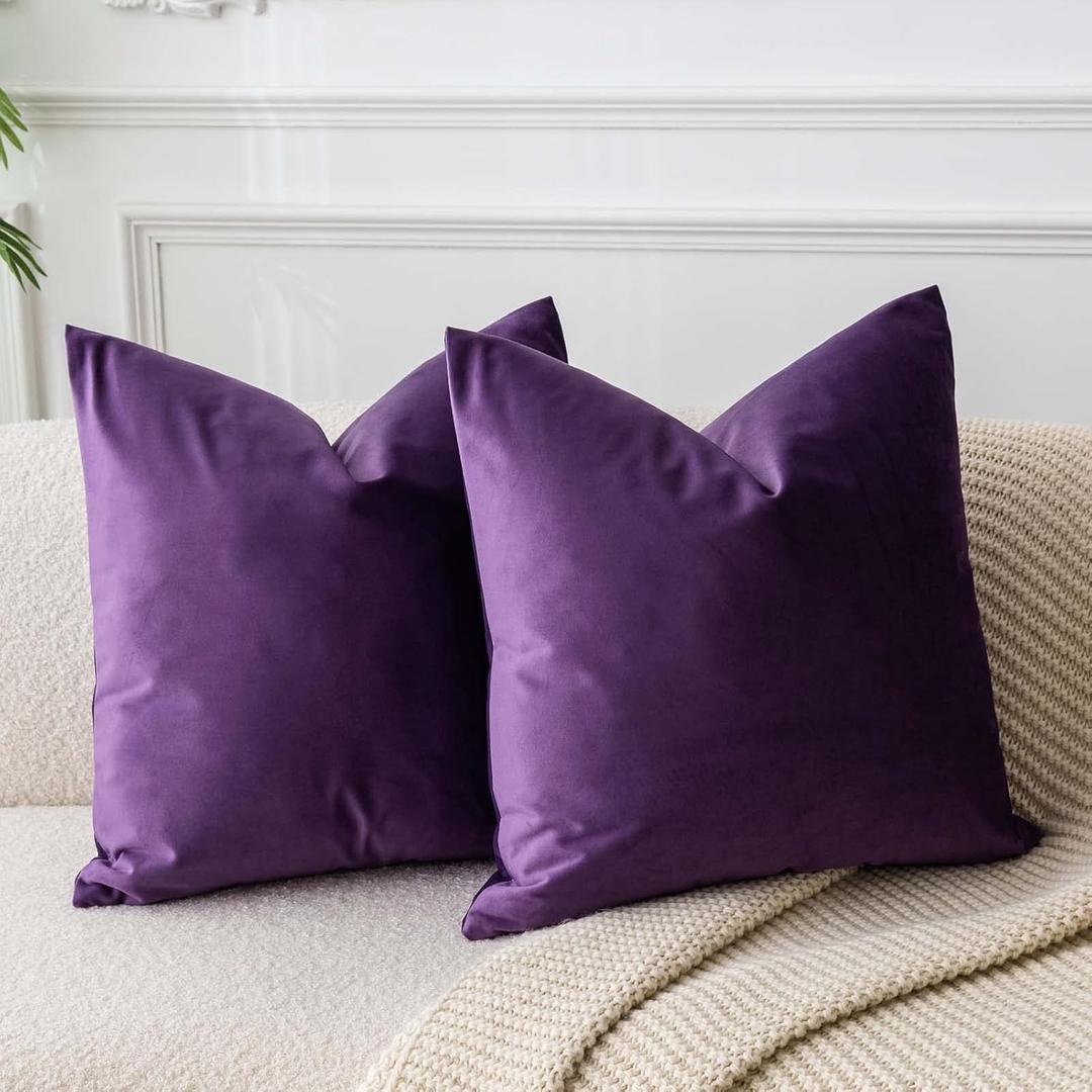 JUSPURBET Purple Velvet Throw Pillow Covers 20x20 inch Set of 2 for Living Room Couch Sofa Bedroom Decorative Square Solid Soft Cushion Cases with Invisible Zipper