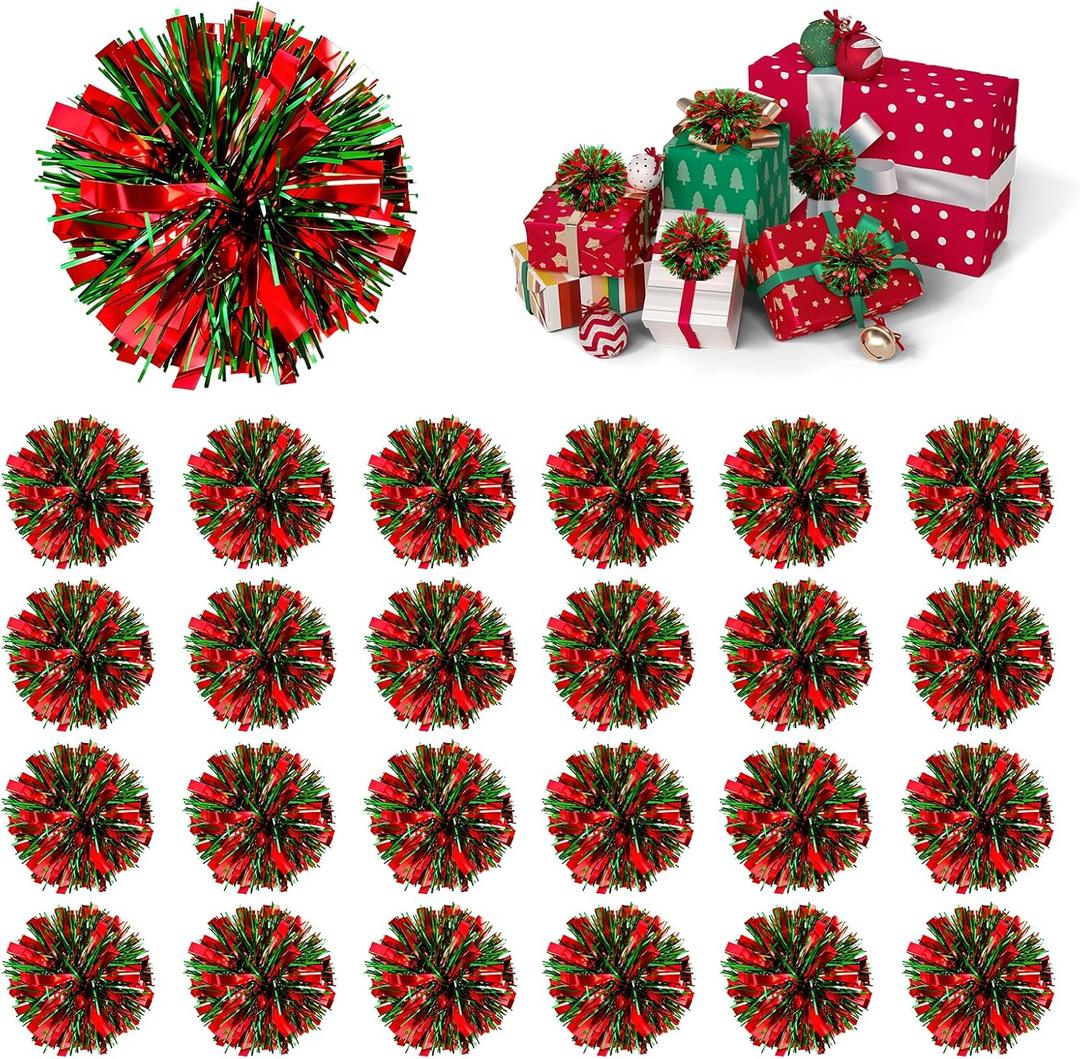 MINYSIC 24PCS Christmas Tinsel Bows for Gift Wrapping, Self Adhesive Christmas Gift Wrap Tinsel Bows Toppers for Xmas Party Birthday New Year Gifts Wrapping Decorations (Red&Green)