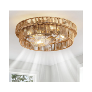 Rattan Boho Ceiling Fan with Light Flush Mount, 20 Inch Caged Ceiling Fans with Light and Remote Control, Low Profile Enclosed 6 Speeds for Bedroom, Nursery, Living Room, E26 Base (Brown)