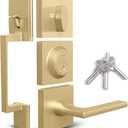 Mega Handles - TOBELLE Gold Entry Door Handleset - Single Cylinder Handleset with Lever for Entrance and Front Doors - Modern Door Handles for Left and Right-Handed Doors - Straight Handle (5 Inch - Exposed Screws, Satin Brass)