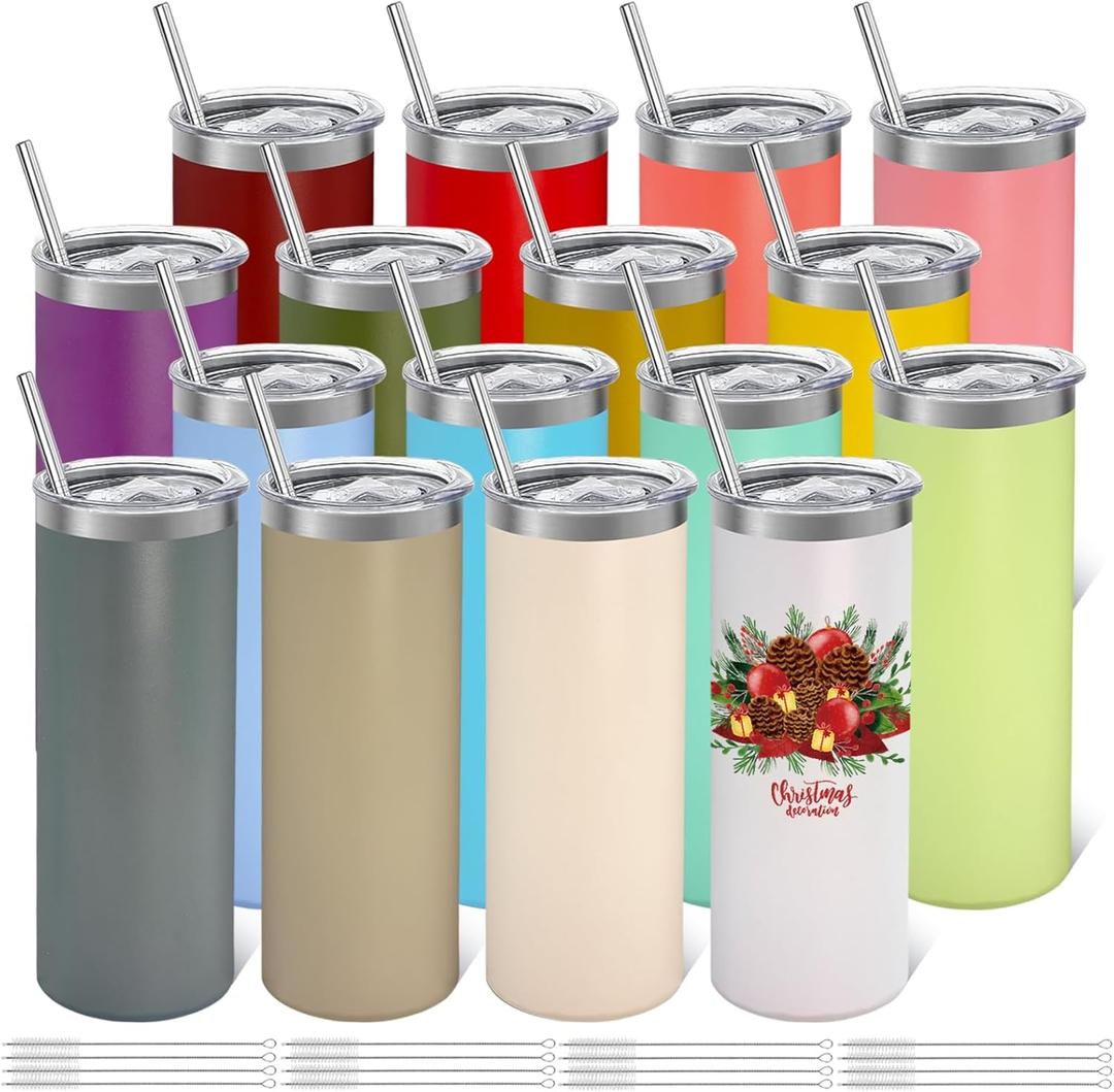 YOUKE OLA 16 Pack Stainless Steel Skinny Tumblers Bulk Straight Double Wall Powder Coated Insulated Tumbler with Lid and Straw for Laser Engrave, DIY Gift, 20oz Mix Colors