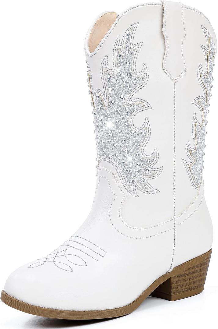 Motasha Cowboy Boots White Cowgirl Boots Sparkle Western Boots Rhinestone Sparkly Size 1 Birthday Dance (M7113 White 1)