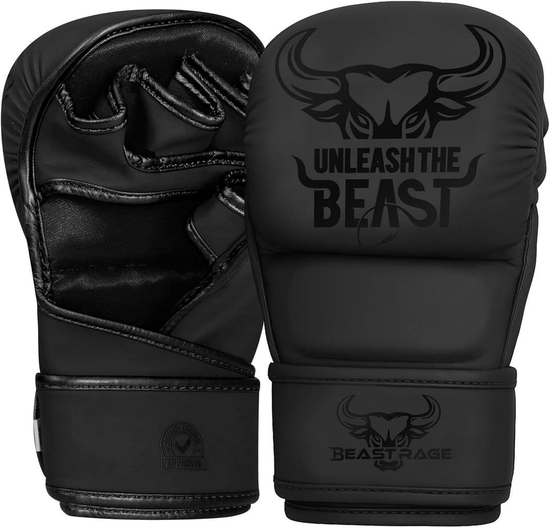 BEAST RAGE MMA Gloves for Men Women,Adjustable Wrist Support Open Palm Martial Arts Mitts Grappling Sparring for Muay Thai Cage Fighting Combat Taekwondo Kickboxing Boxing Training (Black)
