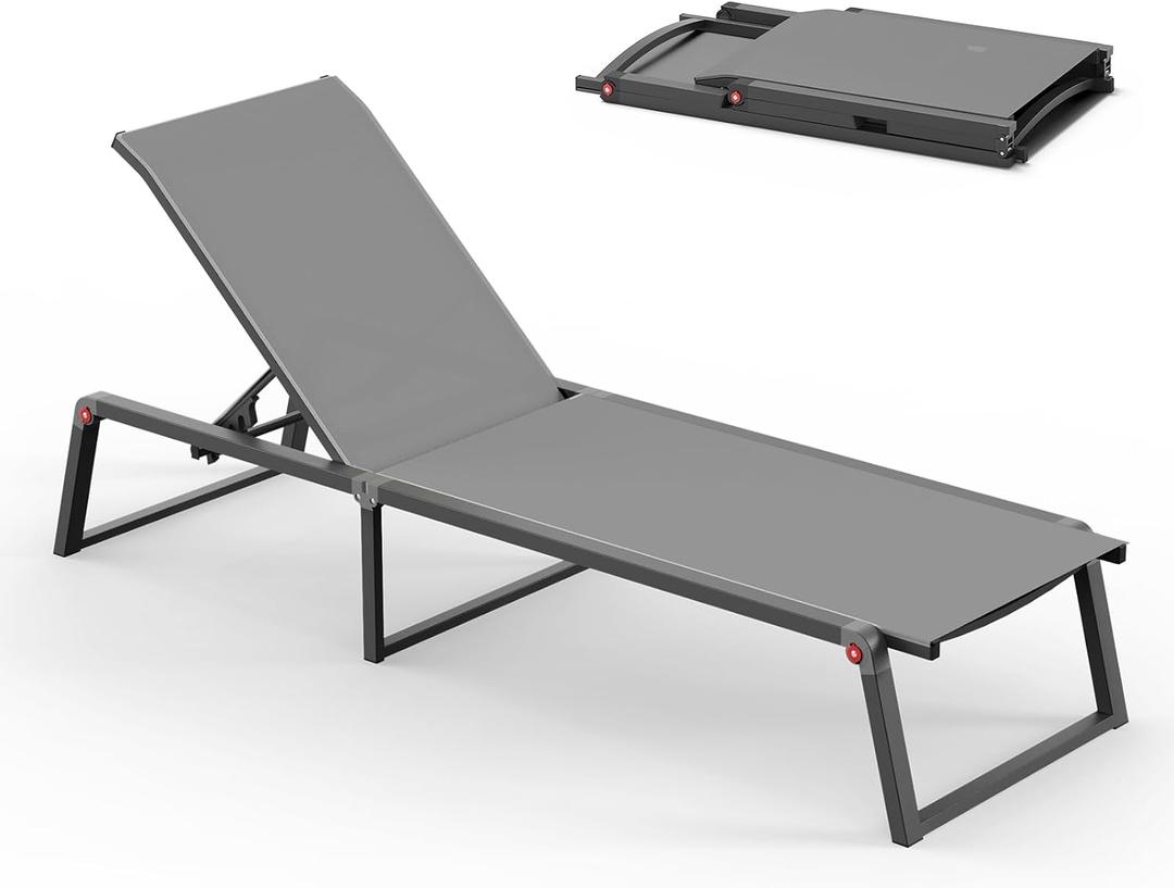 Aluminum Chaise Lounge Chair Outdoor, Foldable& No Assembly Patio Pool Lounge Chairs 5-Position Recliner for Outside, Fully Grounded Legs Sun Lounger for Poolside, Dark Grey, 1 Pack
