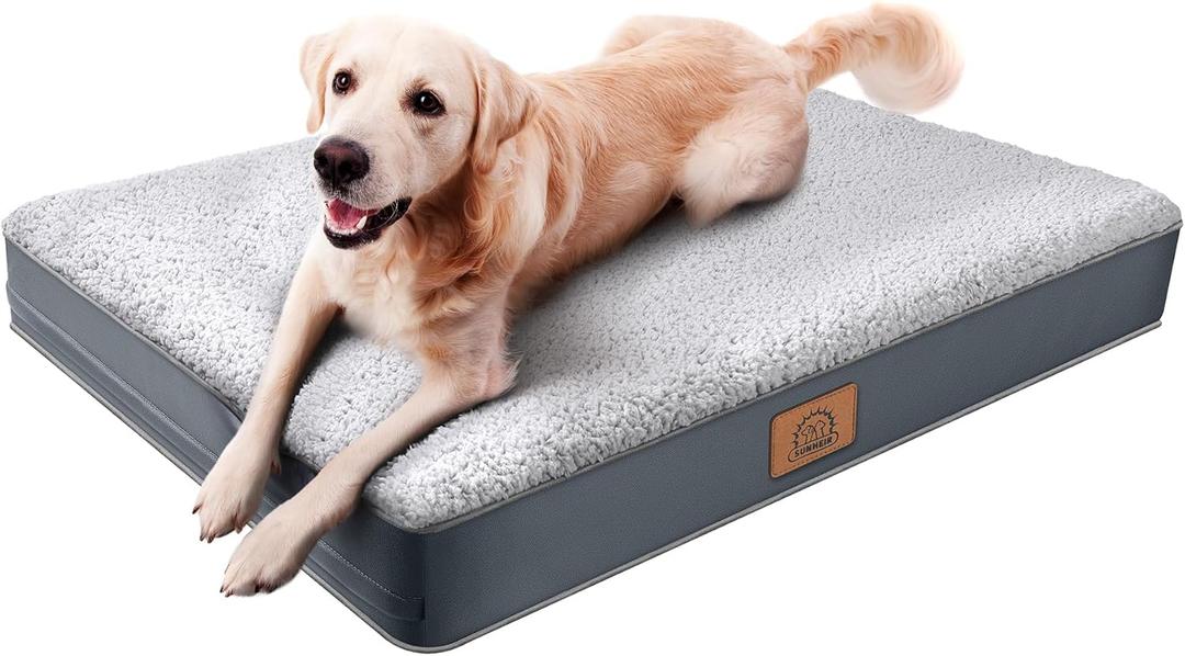 Sunheir Extra Large Orthopedic Dog Bed for Big Dogs  XL Waterproof Dog Bed with Removable Washable Cover & AntiSlip Bottom, Crate Bed, Deluxe Plush Pet Bed Mat (Grey)