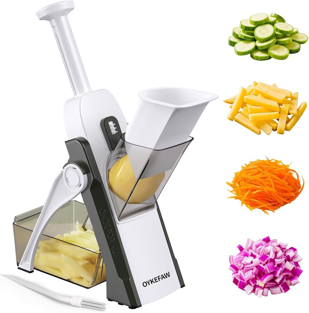 Safe Mandoline Slicer for Kitchen, 5 in 1 Vegetable Food Chopper, Potato French Fry Cutter, Fruit Slicer, Adjustable Thickness 0.1-8 mm, Kitchen Chopping Artifact Fast Meal Prep (Gray) (Grey+white)