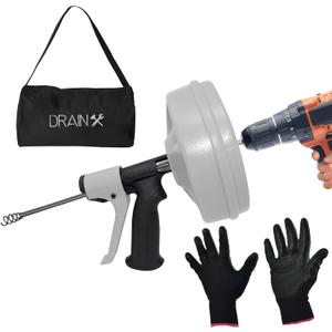 DrainX SPINFEED 50 Foot Drum Auger | Use Manually or Drill Powered - Auto Extend and Retract Plumbing Snake | Work Gloves and Storage Bag Included