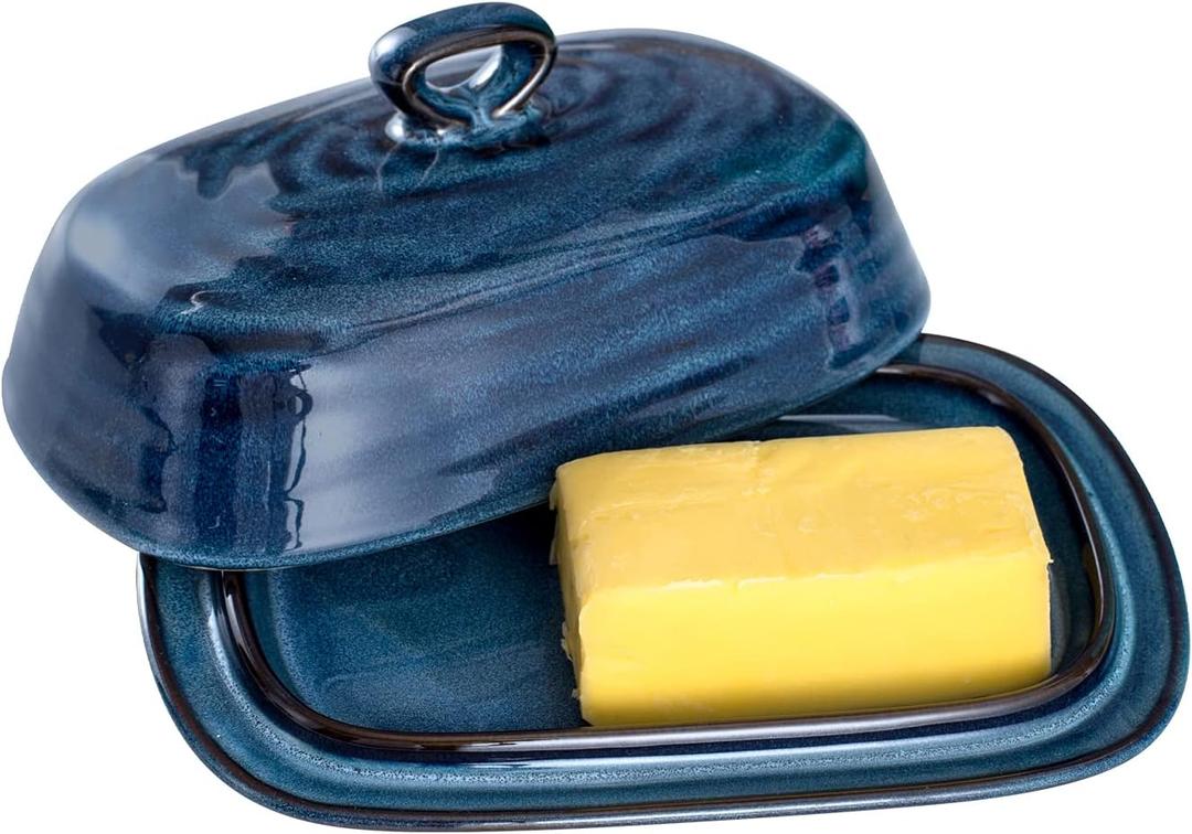 Hasense Butter Dish with Lid, Ceramic Butter Dish with Knife for Countertop with Covered, Large Butter Keeper Handle Design, Blue (Navy)
