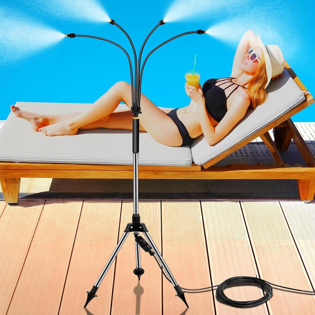 Misters for Outside Patio, Adjustable 4.1FT Standing Misting Cooling System with 26.2FT (8M) Water Supply Line Outdoor Water Mist Hose for Cooling Backyard Garden Pool Tanning BBQ Kids Playing