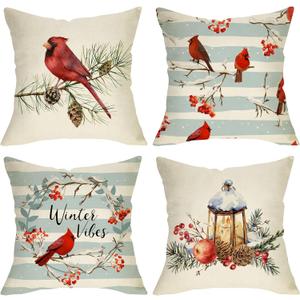 Winter Vibes Cardinal Red Birds Decorative Throw Pillow Cover 18x18 Set of 4, Berry Wreath Pine Cones Kerosene Lamp Home Christmas Decoration, Snow Farmhouse Cushion Case for Sofa Couch Decors