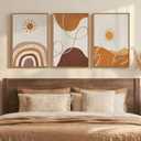 Framed Boho Neutral Terracotta Abstract Wall Art Bedroom, 3 Piece Beige Orange Sun Arch Canvas Artwork for Walls, Mid Century Modern Rainbow Prints Wall Decor for Living Room Nursery Room, 16x24 Inch