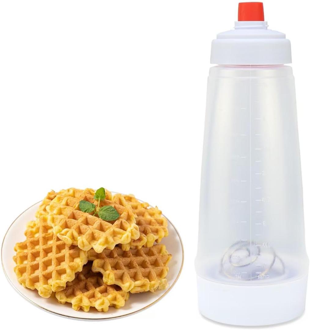 One Pack Batter Mixer and Dispenser with BlenderBall Wire Whisk, 33 Oz Silicone Squeeze Pancake Batter Dispenser and Mixer, Kitchen Pancake Shaker Batter Dispenser for Cupcakes Muffins Crepes (White)