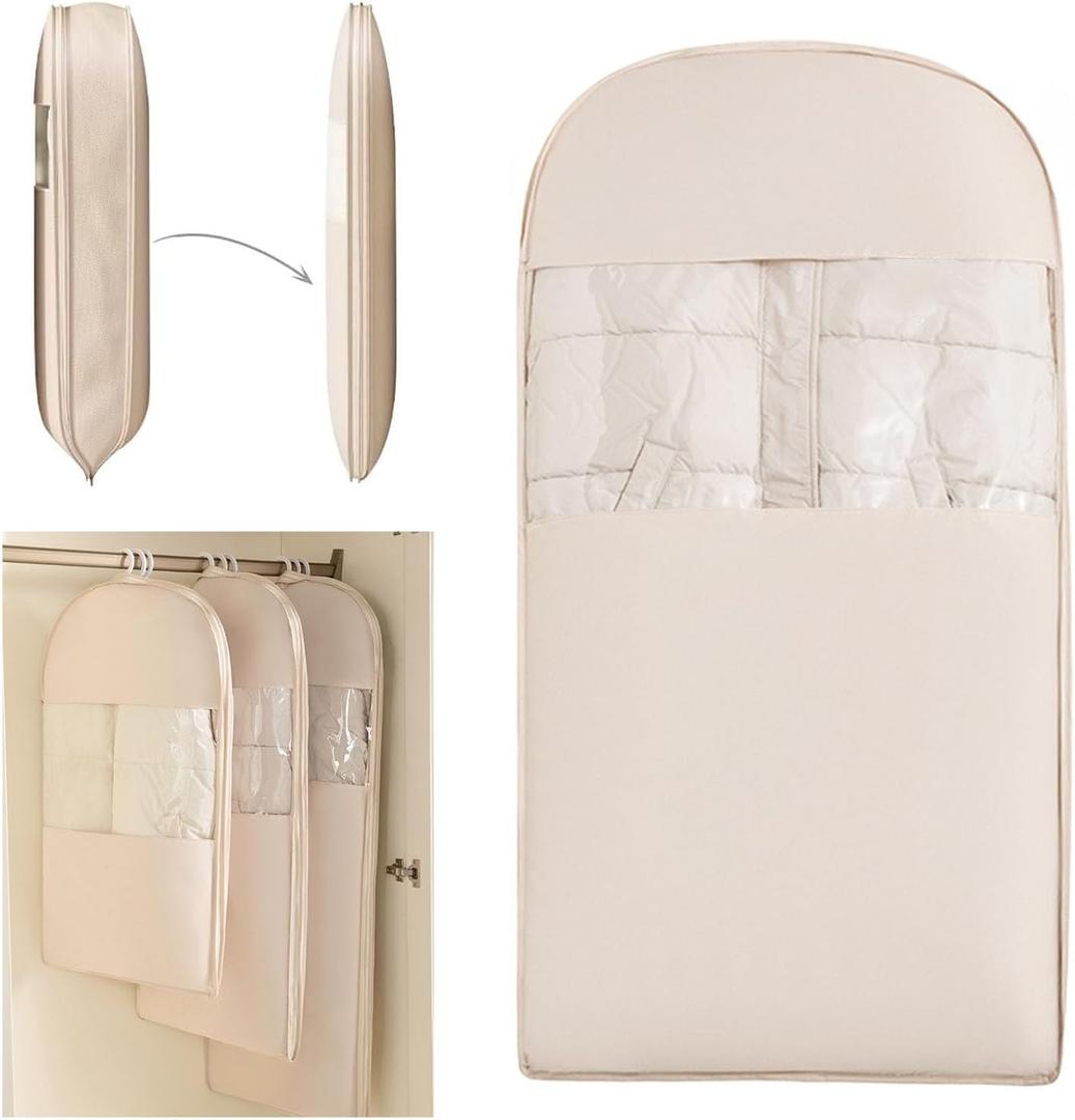 Space Saving Hanging Compression Garment Bag with Zipper for Closet Storage, Hanging Clothes Storage Bag, Garment Covers for Coats and Down Jackets, Beige, L