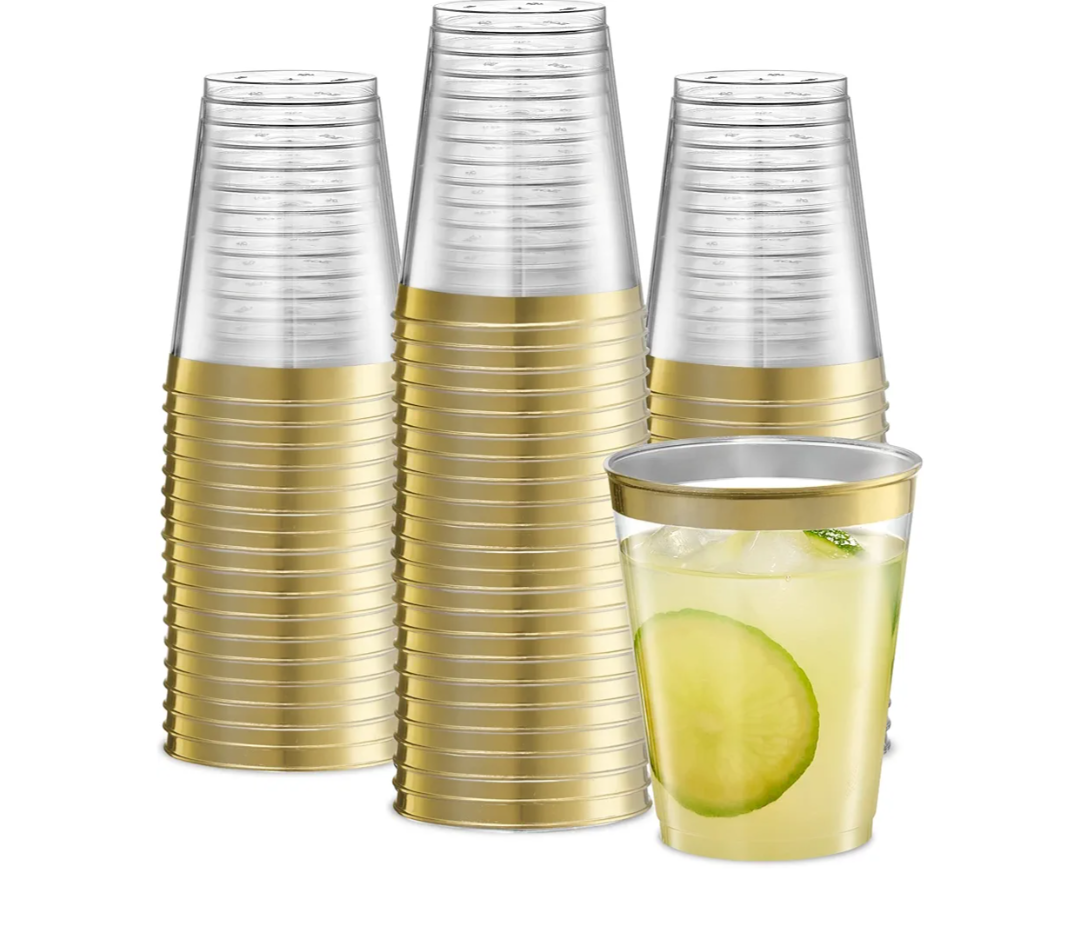 PLASTICPRO Disposable 8 oz Crystal Clear Plastic Tumblers With Gold Rim & Napkinks for Party's & Weddings pack of 100