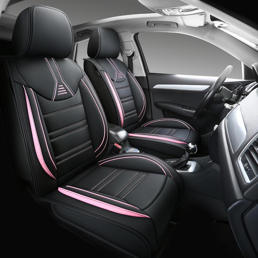 Yeleno02 Leather Car Seat Covers 5 Seats Front & Rear Seat Protector Full Set Universal Fit, Airbag Compatible (Black&Pink)