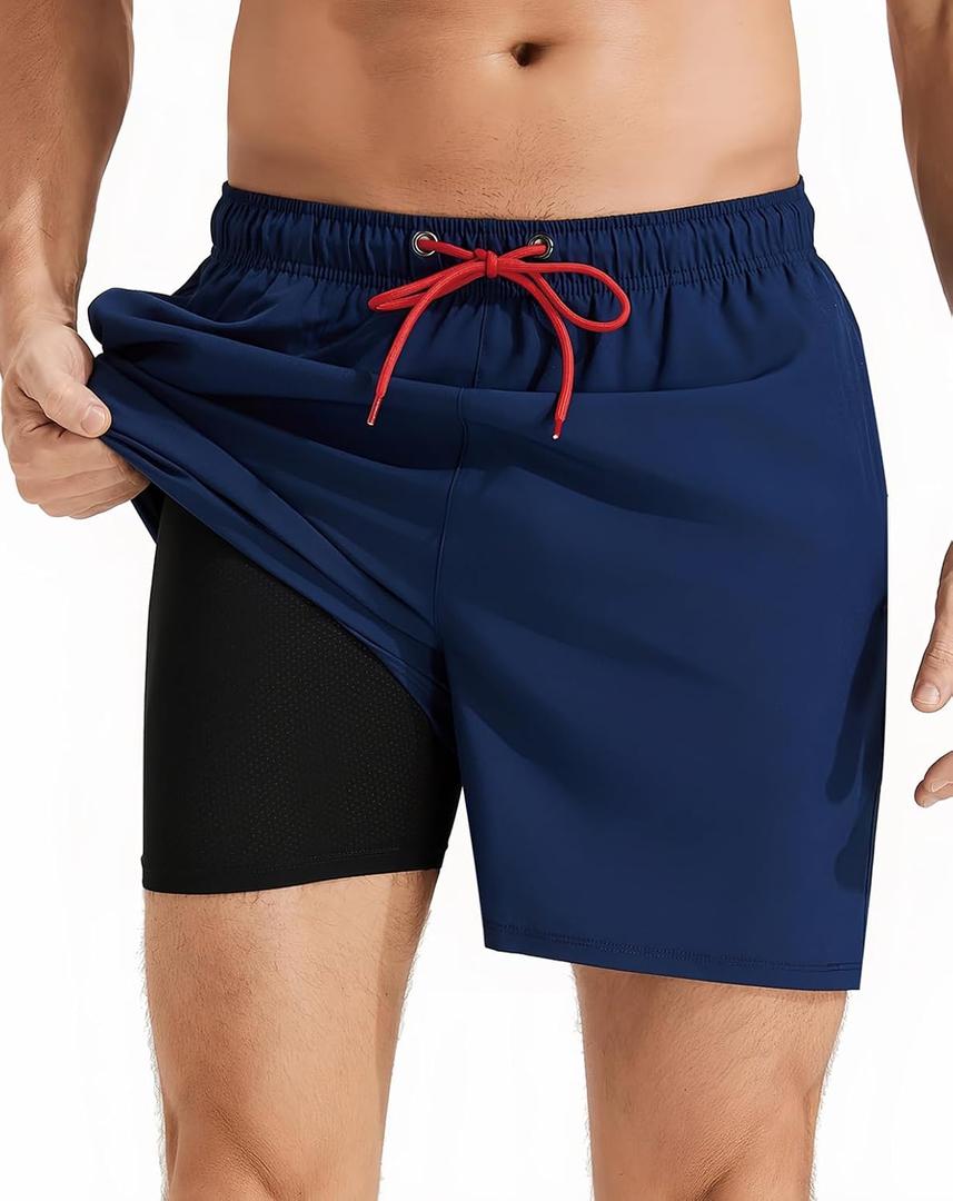 Mens Swim Trunks with Compression Liner Quick Dry Beach Shorts with Zipper Pockets Navy-D1-L (Blue, L)