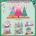 6 Pcs Pink Christmas Table Decorations Wooden Table Centerpieces Christmas Tree Santa Claus Hohoho Joy to The World Reindeer Xmas Tabletop Signs for Xmas Holiday Party Room Home Desk Supplies