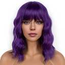 LANCAINI Dark Purple Short Bob Wigs with Bangs for Women Loose Wavy Wig Curly Wavy Shoulder Length Bob Synthetic Cosplay Wig for Girl Colorful Costume Wigs