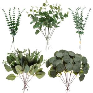 Cliselda 40 Pcs Artificial Eucalyptus Leaves Stems, 5 Kinds Mixed Fake Greenery Stems Bulk, Silver Dollar Eucalyptus Stems Bundle Faux Greenery Branches for Wedding Floral Arrangement Centerpiece